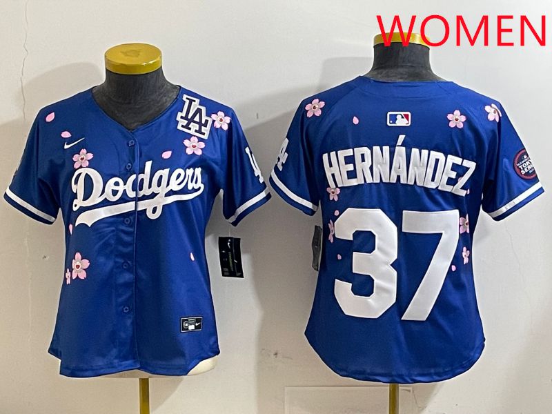 Women Los Angeles Dodgers 37 Hernandez Blue Sakura Edition 2025 Nike MLB Jersey style 8